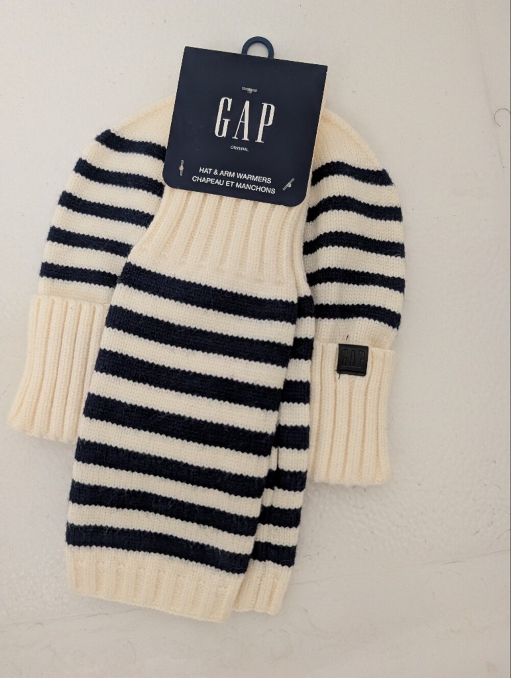 GAP Women's Cream and Navy Striped Hat & Arm Warmers